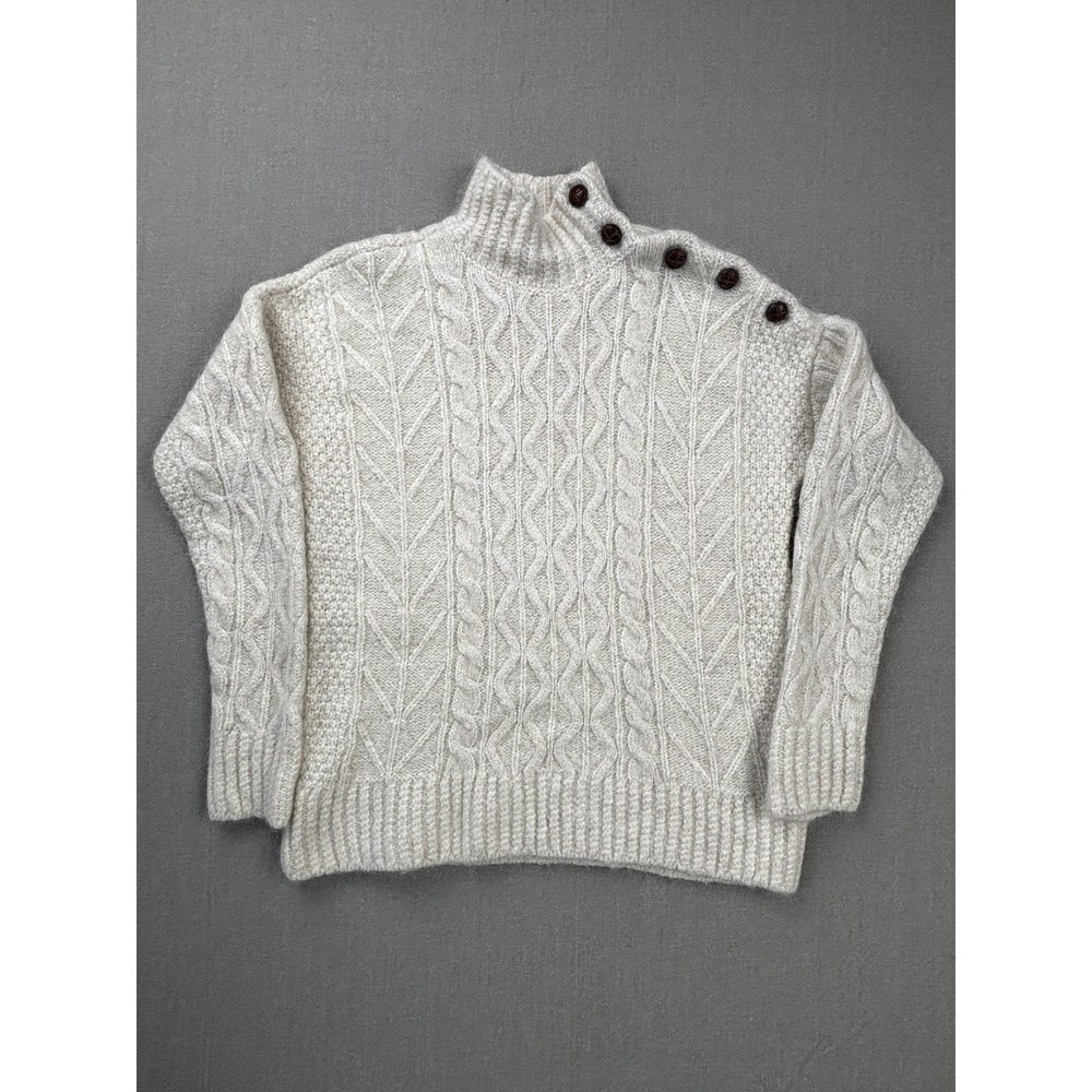 Brooks Brothers Sweater Womens Medium White Alpaca Cable Knit Mock Neck Buttons